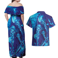 Purple Paradise Polynesia Jellyfish Couples Matching Off Shoulder Maxi Dress and Hawaiian Shirt Plumeria Polynesian Tattoo Glowing Vibes LT14 - Polynesian Pride