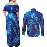 Purple Paradise Polynesia Jellyfish Couples Matching Off Shoulder Maxi Dress and Long Sleeve Button Shirt Plumeria Polynesian Tattoo Glowing Vibes LT14 - Polynesian Pride