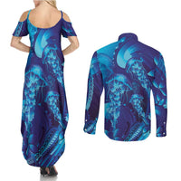 Purple Paradise Polynesia Jellyfish Couples Matching Summer Maxi Dress and Long Sleeve Button Shirt Plumeria Polynesian Tattoo Glowing Vibes LT14 - Polynesian Pride