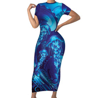 Purple Paradise Polynesia Jellyfish Short Sleeve Bodycon Dress Plumeria Polynesian Tattoo Glowing Vibes LT14 Long Dress Purple - Polynesian Pride