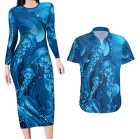 Blue Gradient Polynesia Jellyfish Couples Matching Long Sleeve Bodycon Dress and Hawaiian Shirt Plumeria Polynesian Tattoo Glowing Vibes LT14 Blue - Polynesian Pride