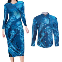 Blue Gradient Polynesia Jellyfish Couples Matching Long Sleeve Bodycon Dress and Long Sleeve Button Shirt Plumeria Polynesian Tattoo Glowing Vibes LT14 Blue - Polynesian Pride