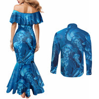 Blue Gradient Polynesia Jellyfish Couples Matching Mermaid Dress and Long Sleeve Button Shirt Plumeria Polynesian Tattoo Glowing Vibes