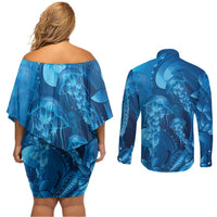 Blue Gradient Polynesia Jellyfish Couples Matching Off Shoulder Short Dress and Long Sleeve Button Shirt Plumeria Polynesian Tattoo Glowing Vibes