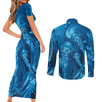 Blue Gradient Polynesia Jellyfish Couples Matching Short Sleeve Bodycon Dress and Long Sleeve Button Shirt Plumeria Polynesian Tattoo Glowing Vibes LT14 - Polynesian Pride