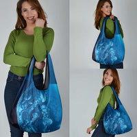 Blue Gradient Polynesia Jellyfish Grocery Bag Plumeria Polynesian Tattoo Glowing Vibes