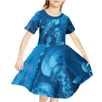 Blue Gradient Polynesia Jellyfish Kid Short Sleeve Dress Plumeria Polynesian Tattoo Glowing Vibes