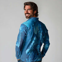 Blue Gradient Polynesia Jellyfish Long Sleeve Polo Shirt Plumeria Polynesian Tattoo Glowing Vibes