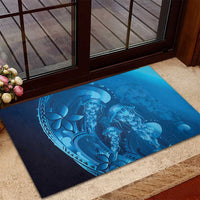 Blue Gradient Polynesia Jellyfish Rubber Doormat Plumeria Polynesian Tattoo Glowing Vibes