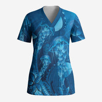 Blue Gradient Polynesia Jellyfish Scrub Top Plumeria Polynesian Tattoo Glowing Vibes