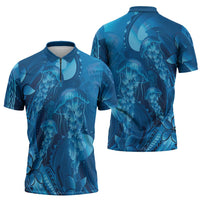 Blue Gradient Polynesia Jellyfish Zipper Polo Shirt Plumeria Polynesian Tattoo Glowing Vibes