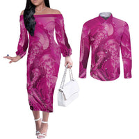 Pink Gradient Polynesia Jellyfish Couples Matching Off The Shoulder Long Sleeve Dress and Long Sleeve Button Shirt Plumeria Polynesian Tattoo Glowing Vibes LT14 Pink - Polynesian Pride