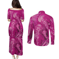 Pink Gradient Polynesia Jellyfish Couples Matching Puletasi and Long Sleeve Button Shirt Plumeria Polynesian Tattoo Glowing Vibes