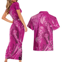Pink Gradient Polynesia Jellyfish Couples Matching Short Sleeve Bodycon Dress and Hawaiian Shirt Plumeria Polynesian Tattoo Glowing Vibes LT14 - Polynesian Pride