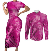 Pink Gradient Polynesia Jellyfish Couples Matching Short Sleeve Bodycon Dress and Long Sleeve Button Shirt Plumeria Polynesian Tattoo Glowing Vibes LT14 Pink - Polynesian Pride