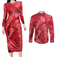 Red Gradient Polynesia Jellyfish Couples Matching Long Sleeve Bodycon Dress and Long Sleeve Button Shirt Plumeria Polynesian Tattoo Glowing Vibes LT14 Red - Polynesian Pride