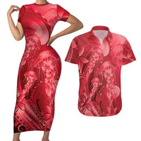 Red Gradient Polynesia Jellyfish Couples Matching Short Sleeve Bodycon Dress and Hawaiian Shirt Plumeria Polynesian Tattoo Glowing Vibes LT14 Red - Polynesian Pride