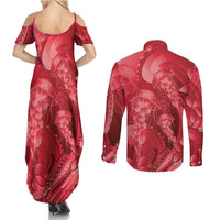 Red Gradient Polynesia Jellyfish Couples Matching Summer Maxi Dress and Long Sleeve Button Shirt Plumeria Polynesian Tattoo Glowing Vibes