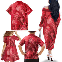 Red Gradient Polynesia Jellyfish Family Matching Off The Shoulder Long Sleeve Dress and Hawaiian Shirt Plumeria Polynesian Tattoo Glowing Vibes LT14 - Polynesian Pride