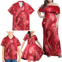 Red Gradient Polynesia Jellyfish Family Matching Off Shoulder Maxi Dress and Hawaiian Shirt Plumeria Polynesian Tattoo Glowing Vibes LT14 - Polynesian Pride