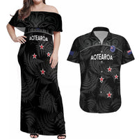 Custom New Zealand Silver Fern Football Couples Matching Off Shoulder Maxi Dress and Hawaiian Shirt Summer 2024 Olympic Go Aotearoa LT14 Black - Polynesian Pride