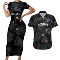 Custom New Zealand Silver Fern Football Couples Matching Short Sleeve Bodycon Dress and Hawaiian Shirt Summer 2024 Olympic Go Aotearoa LT14 Black - Polynesian Pride