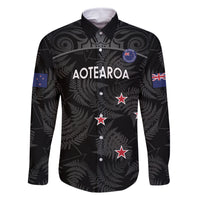 Custom New Zealand Silver Fern Football Family Matching Mermaid Dress and Hawaiian Shirt Summer 2024 Olympic Go Aotearoa LT14 Dad's Shirt - Long Sleeve Black - Polynesian Pride
