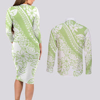Polynesian Tiare Flower Sage Green Pastel Couples Matching Long Sleeve Bodycon Dress and Long Sleeve Button Shirt LT14 - Polynesian Pride