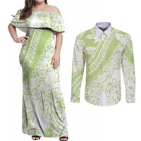 Polynesian Tiare Flower Sage Green Pastel Couples Matching Off Shoulder Maxi Dress and Long Sleeve Button Shirt