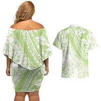 Polynesian Tiare Flower Sage Green Pastel Couples Matching Off Shoulder Short Dress and Hawaiian Shirt LT14 - Polynesian Pride