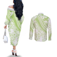 Polynesian Tiare Flower Sage Green Pastel Couples Matching Off The Shoulder Long Sleeve Dress and Long Sleeve Button Shirt LT14 - Polynesian Pride