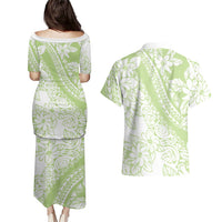 Polynesian Tiare Flower Sage Green Pastel Couples Matching Puletasi and Hawaiian Shirt