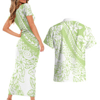 Polynesian Tiare Flower Sage Green Pastel Couples Matching Short Sleeve Bodycon Dress and Hawaiian Shirt LT14 - Polynesian Pride