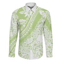 Polynesian Tiare Flower Sage Green Pastel Family Matching Off The Shoulder Long Sleeve Dress and Hawaiian Shirt LT14 Dad's Shirt - Long Sleeve Sage Green - Polynesian Pride
