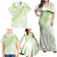 Polynesian Tiare Flower Sage Green Pastel Family Matching Off Shoulder Maxi Dress and Hawaiian Shirt LT14 - Polynesian Pride