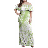 Polynesian Tiare Flower Sage Green Pastel Family Matching Off Shoulder Maxi Dress and Hawaiian Shirt LT14 Mom's Dress Sage Green - Polynesian Pride