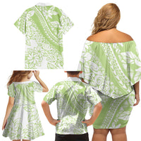 Polynesian Tiare Flower Sage Green Pastel Family Matching Off Shoulder Short Dress and Hawaiian Shirt LT14 - Polynesian Pride