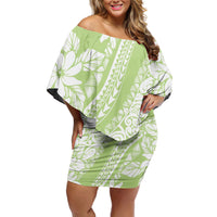 Polynesian Tiare Flower Sage Green Pastel Family Matching Off Shoulder Short Dress and Hawaiian Shirt LT14 Mom's Dress Sage Green - Polynesian Pride