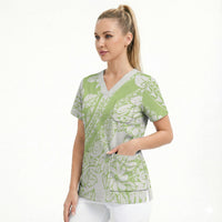 Polynesian Tiare Flower Sage Green Pastel Scrub Top