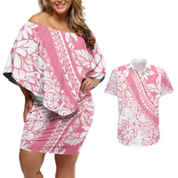 Polynesian Tiare Flower Pink Pastel Vibes Couples Matching Off Shoulder Short Dress and Hawaiian Shirt LT14 Pink - Polynesian Pride