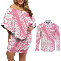 Polynesian Tiare Flower Pink Pastel Vibes Couples Matching Off Shoulder Short Dress and Long Sleeve Button Shirt