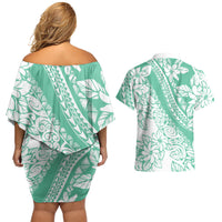 Polynesian Tiare Flower Cyan Pastel Vibes Couples Matching Off Shoulder Short Dress and Hawaiian Shirt LT14 - Polynesian Pride