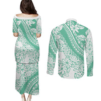 Polynesian Tiare Flower Cyan Pastel Vibes Couples Matching Puletasi and Long Sleeve Button Shirt