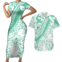 Polynesian Tiare Flower Cyan Pastel Vibes Couples Matching Short Sleeve Bodycon Dress and Hawaiian Shirt LT14 Cyan - Polynesian Pride