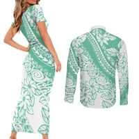 Polynesian Tiare Flower Cyan Pastel Vibes Couples Matching Short Sleeve Bodycon Dress and Long Sleeve Button Shirt LT14 - Polynesian Pride