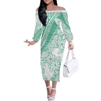 Polynesian Tiare Flower Cyan Pastel Vibes Off The Shoulder Long Sleeve Dress