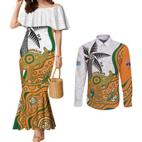 Custom Fiji And Australia Rugby Couples Matching Mermaid Dress and Long Sleeve Button Shirt Fijian Palm Tree Mix Aussie Kangaroo LT14 Gold - Polynesian Pride