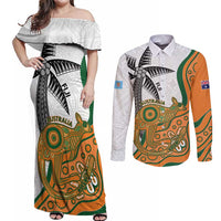Custom Fiji And Australia Rugby Couples Matching Off Shoulder Maxi Dress and Long Sleeve Button Shirt Fijian Palm Tree Mix Aussie Kangaroo LT14 Gold - Polynesian Pride