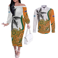 Custom Fiji And Australia Rugby Couples Matching Off The Shoulder Long Sleeve Dress and Long Sleeve Button Shirt Fijian Palm Tree Mix Aussie Kangaroo LT14 Gold - Polynesian Pride