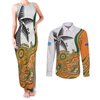 Custom Fiji And Australia Rugby Couples Matching Tank Maxi Dress and Long Sleeve Button Shirt Fijian Palm Tree Mix Aussie Kangaroo LT14 Gold - Polynesian Pride